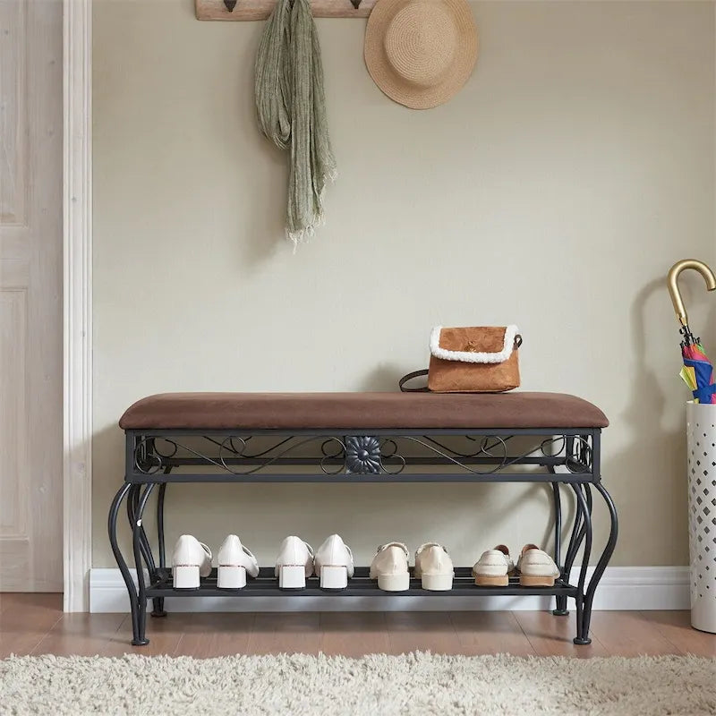 Upholstered Entryway Bench with Open Shoe Shelf