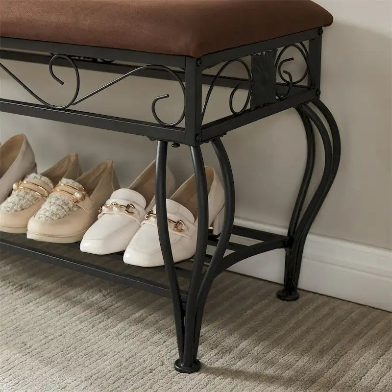 Upholstered Entryway Bench with Open Shoe Shelf