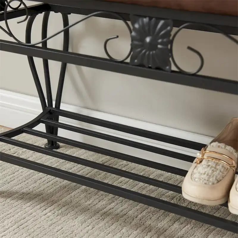 Upholstered Entryway Bench with Open Shoe Shelf