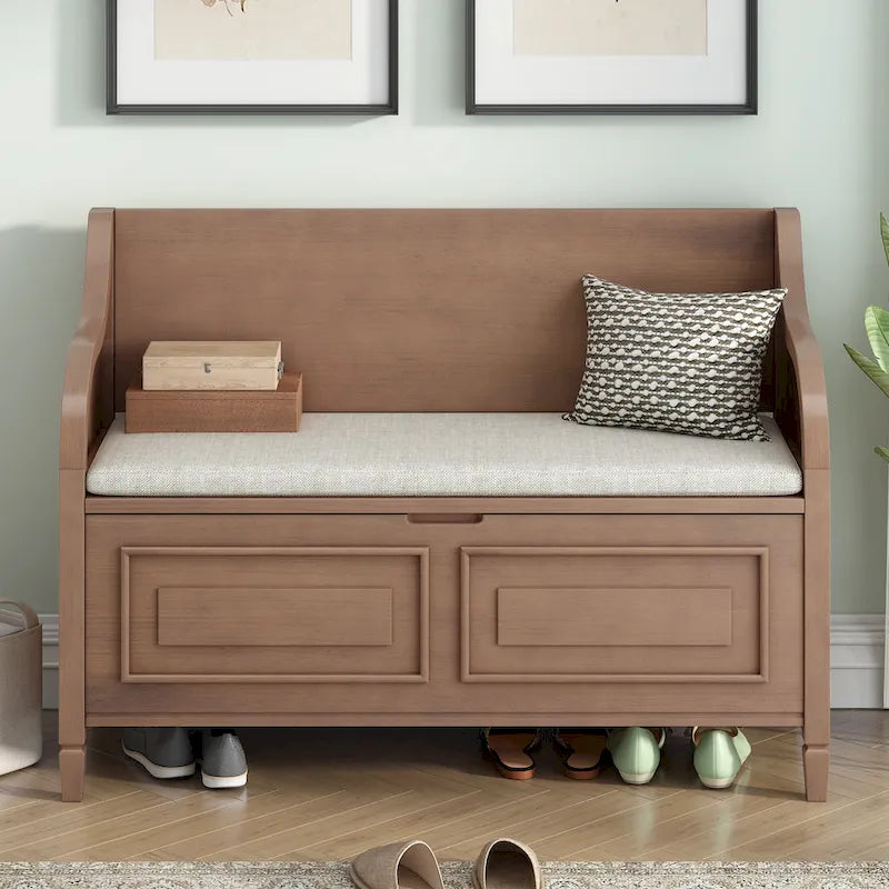 Rustic High Back Storage Bench with Hidden Compartment for Entryway and Bedroom