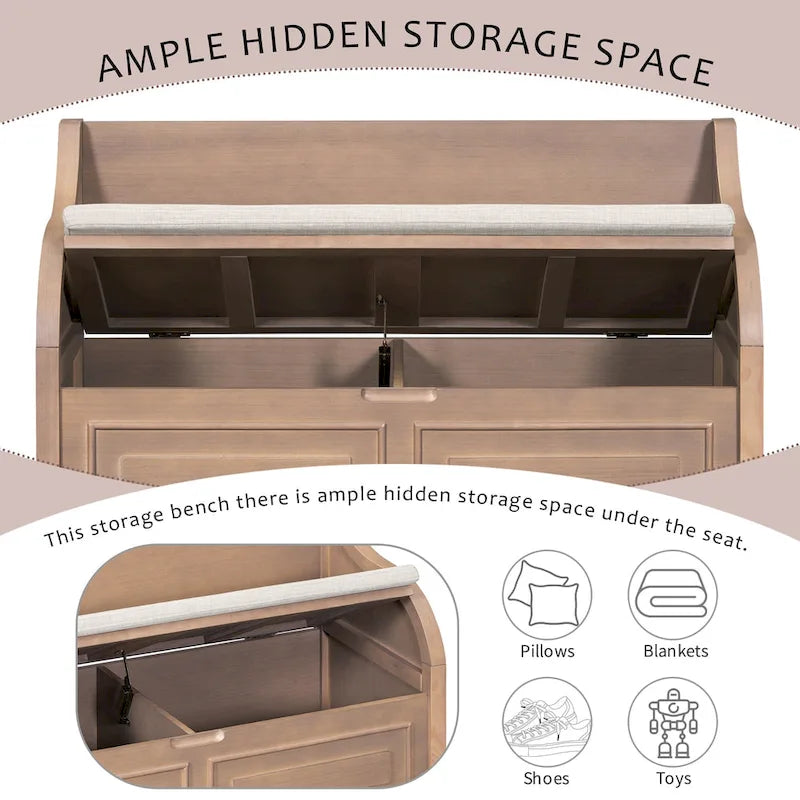 Rustic High Back Storage Bench with Hidden Compartment for Entryway and Bedroom