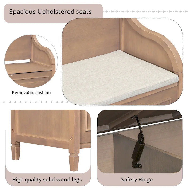 Rustic High Back Storage Bench with Hidden Compartment for Entryway and Bedroom