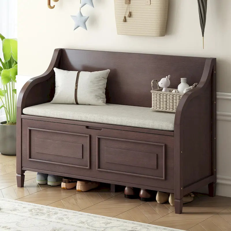 Rustic High Back Storage Bench with Hidden Compartment for Entryway and Bedroom