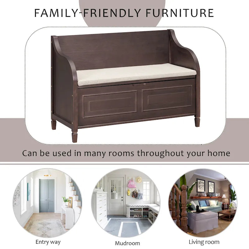 Rustic High Back Storage Bench with Hidden Compartment for Entryway and Bedroom