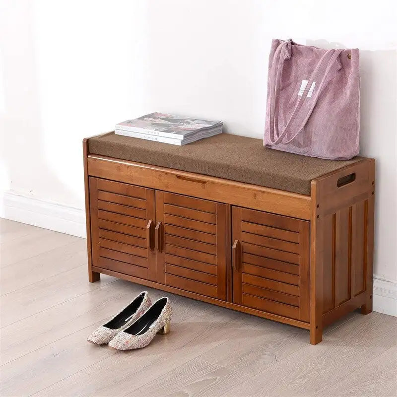 Bamboo Shoe Storage Bench with Cushion Top and Ventilated Cabinet Doors