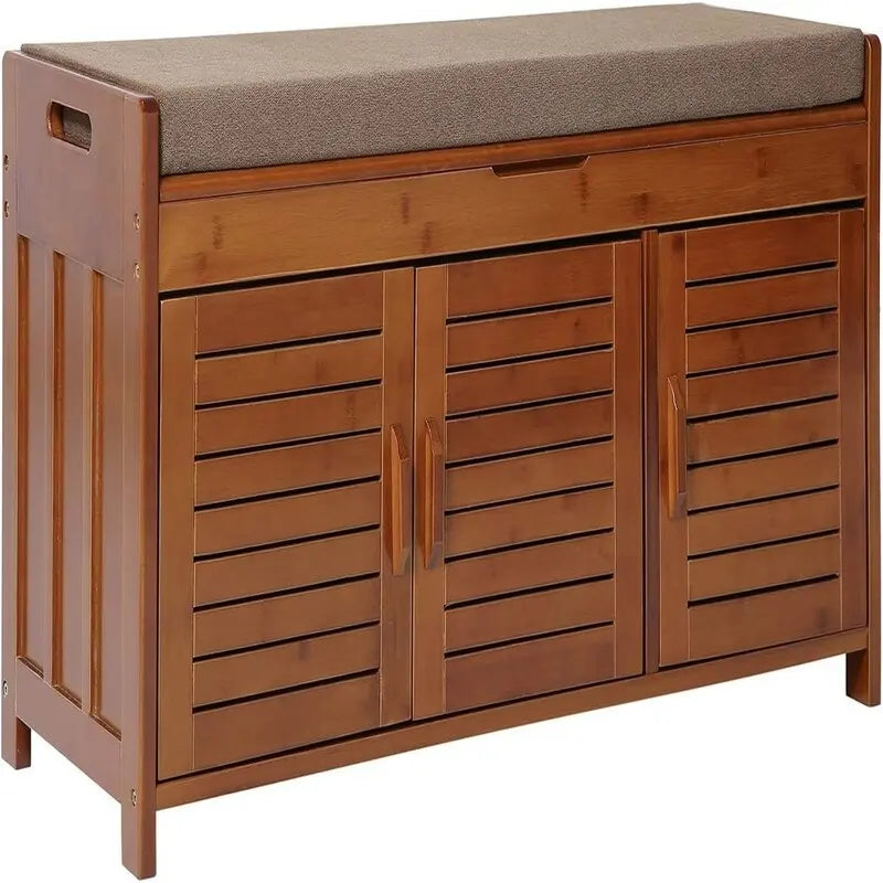 Bamboo Shoe Storage Bench with Cushion Top and Ventilated Cabinet Doors