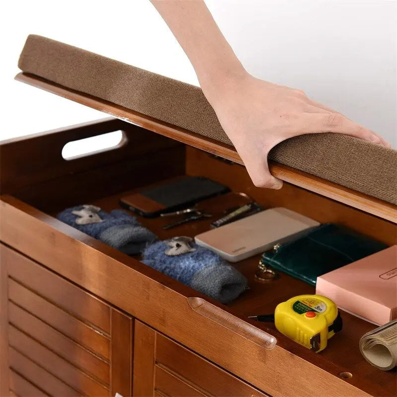 Bamboo Shoe Storage Bench with Cushion Top and Ventilated Cabinet Doors