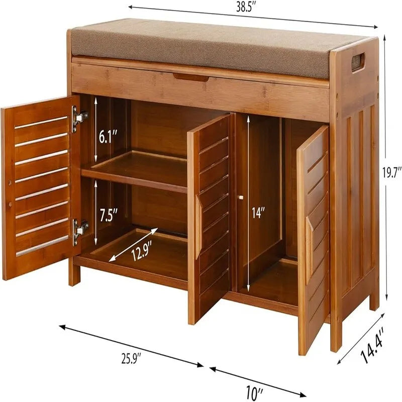 Bamboo Shoe Storage Bench with Cushion Top and Ventilated Cabinet Doors