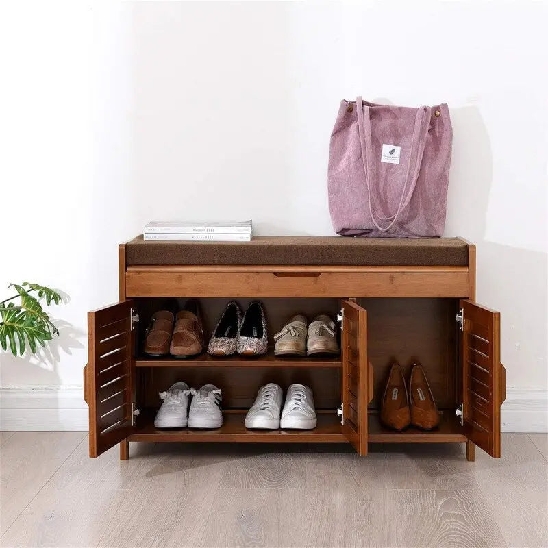 Bamboo Shoe Storage Bench with Cushion Top and Ventilated Cabinet Doors