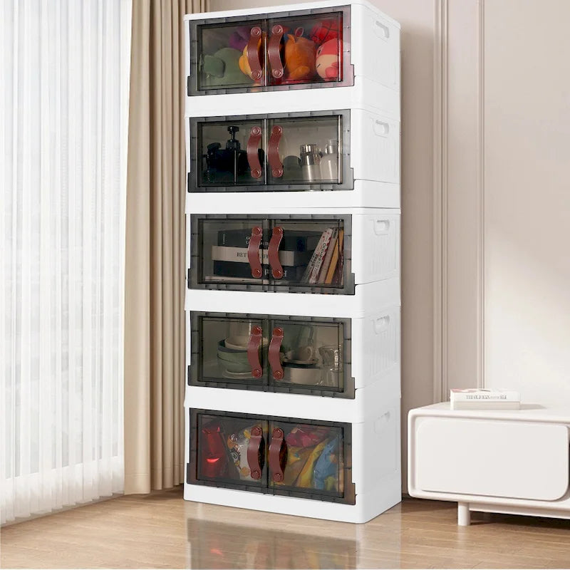 Stackable Plastic Storage Cabinet with Lids, Wheels and Dual-Opening Design