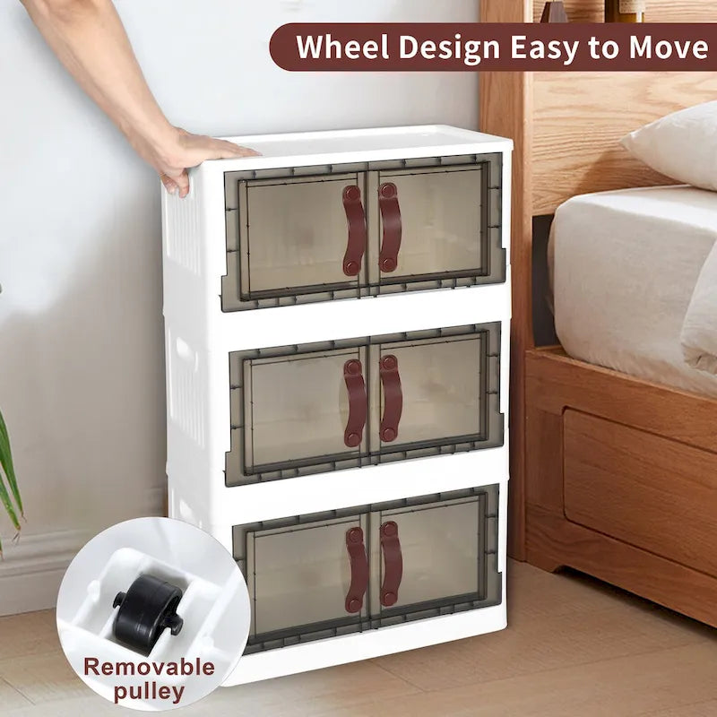 Stackable Plastic Storage Cabinet with Lids, Wheels and Dual-Opening Design