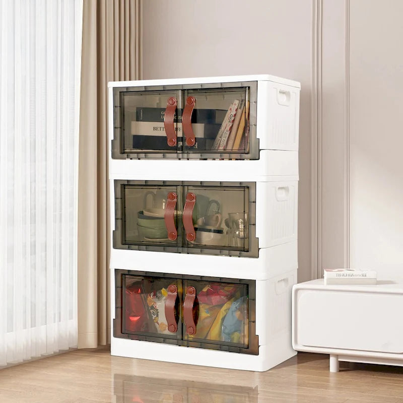 Stackable Plastic Storage Cabinet with Lids, Wheels and Dual-Opening Design