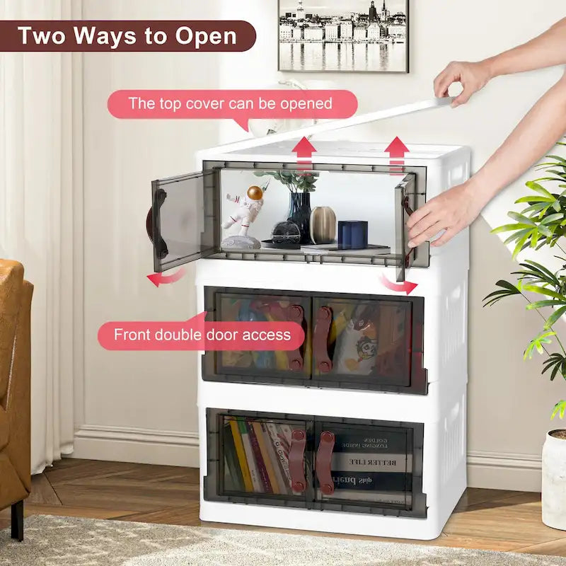 Stackable Plastic Storage Cabinet with Lids, Wheels and Dual-Opening Design