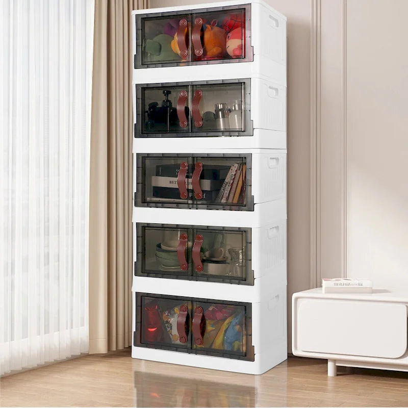 Stackable Plastic Storage Cabinet with Lids, Wheels and Dual-Opening Design