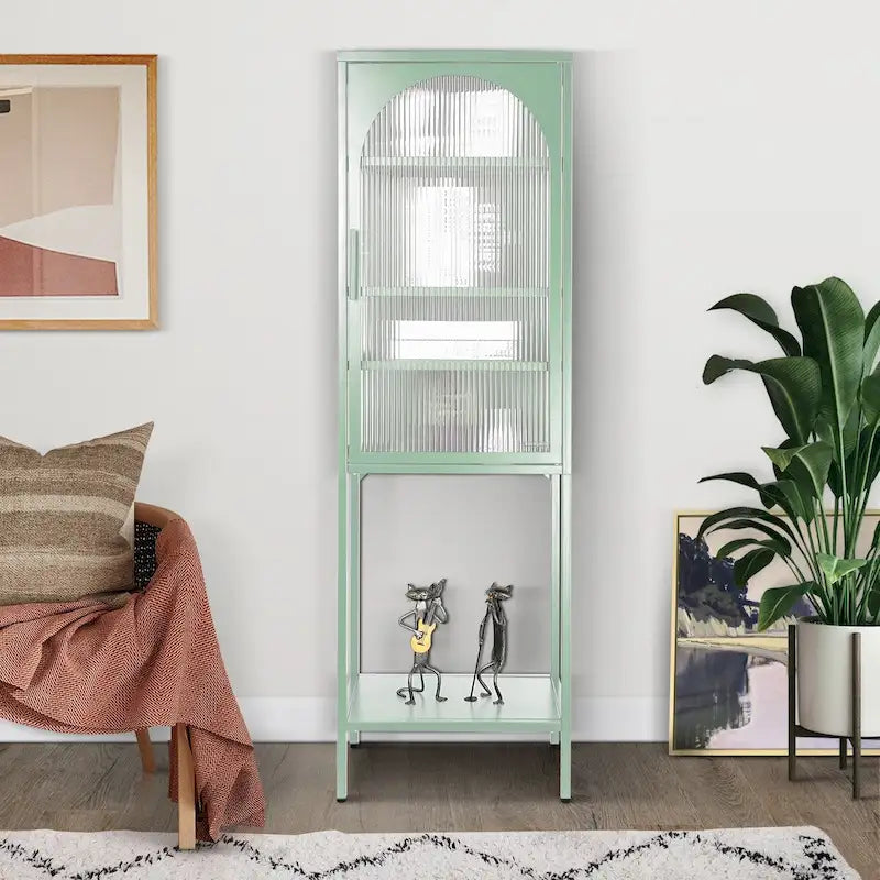 Arched Fluted Glass Door Metal Storage Cabinet with Adjustable Shelves