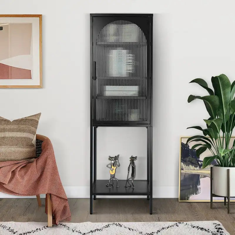 Arched Fluted Glass Door Metal Storage Cabinet with Adjustable Shelves