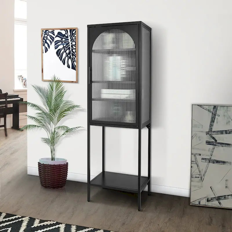 Arched Fluted Glass Door Metal Storage Cabinet with Adjustable Shelves