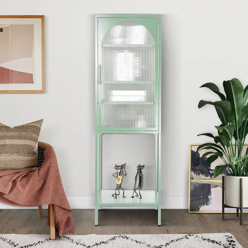 Arched Fluted Glass Door Metal Storage Cabinet with Adjustable Shelves
