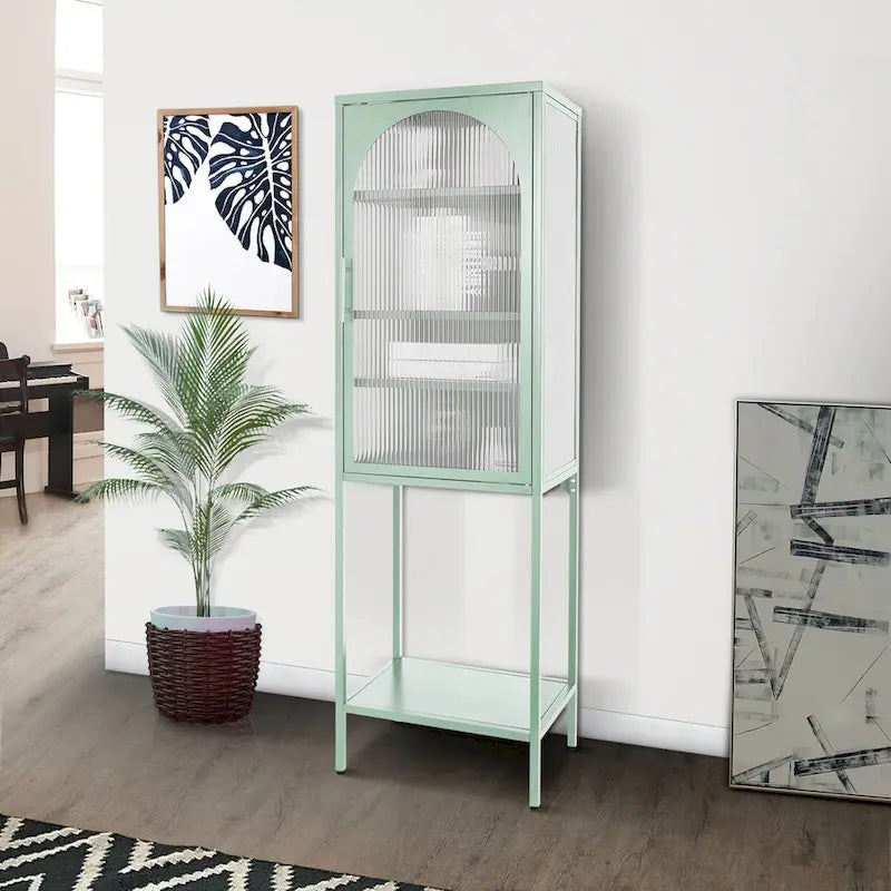 Arched Fluted Glass Door Metal Storage Cabinet with Adjustable Shelves