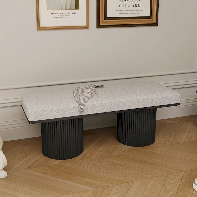 Upholstered Boucle Bench with Black Chunky Legs for Bedroom and Entryway