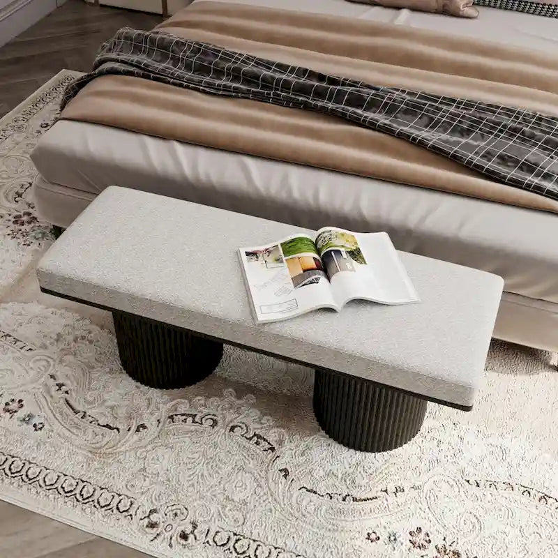 Upholstered Boucle Bench with Black Chunky Legs for Bedroom and Entryway