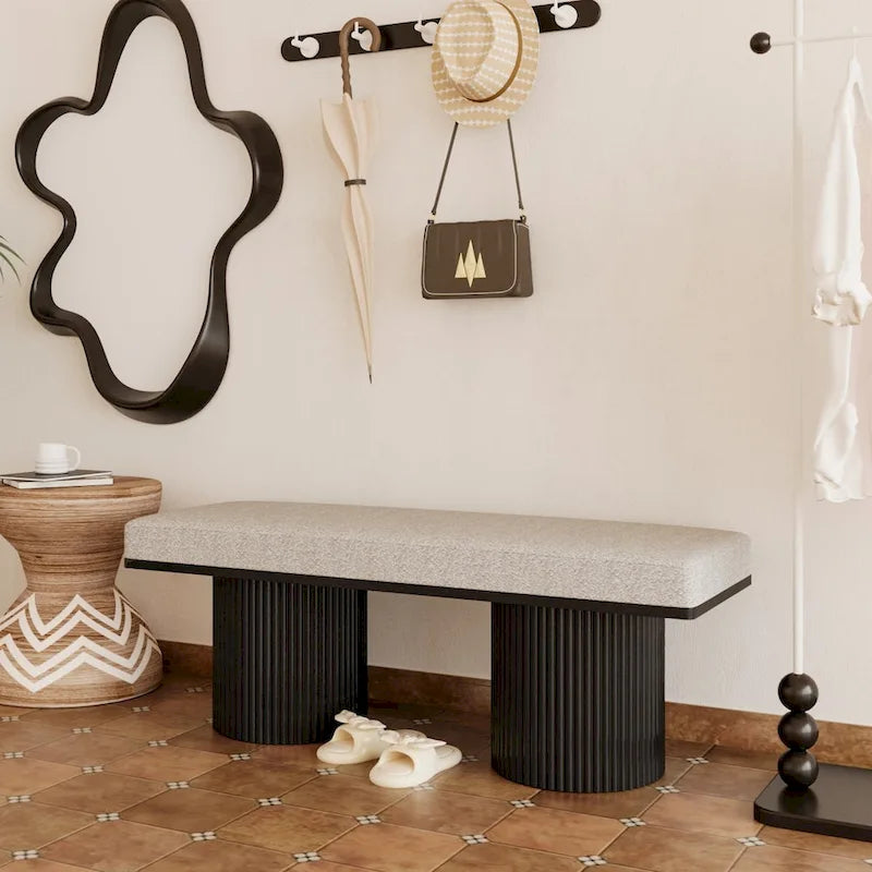 Upholstered Boucle Bench with Black Chunky Legs for Bedroom and Entryway
