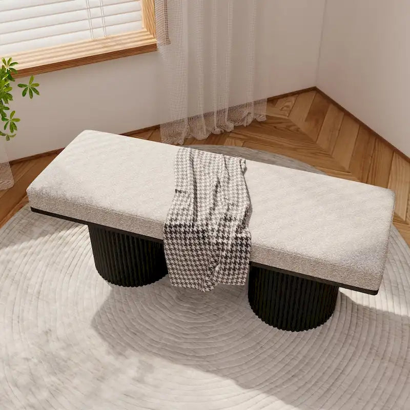Upholstered Boucle Bench with Black Chunky Legs for Bedroom and Entryway