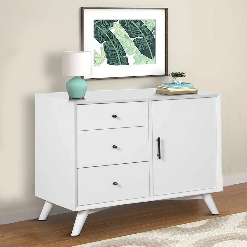 Mid-Century Modern Accent Cabinet with 3 Drawers and 1 Door in White