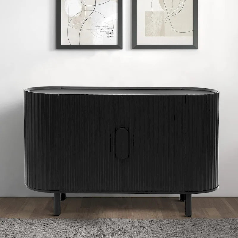 3-Door Wooden Sideboard with Vertical Stripe Doors and Pine Legs