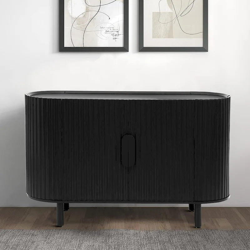 3-Door Wooden Sideboard with Vertical Stripe Doors and Pine Legs