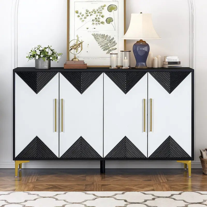 4-Door Sideboard Cabinet with Two-Tone Geometric Door Pattern