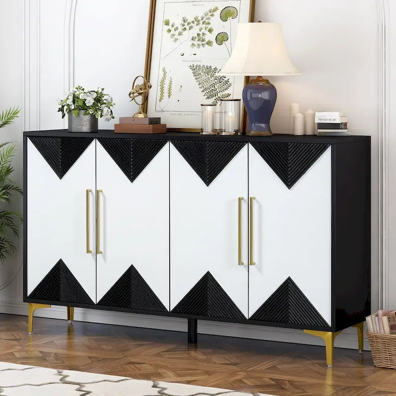 4-Door Sideboard Cabinet with Two-Tone Geometric Door Pattern