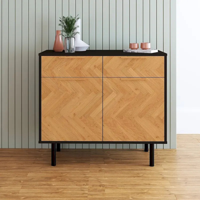Mid-Century Modern Sideboard with 2 Drawers, Soft-Close Doors and Round Metal Legs