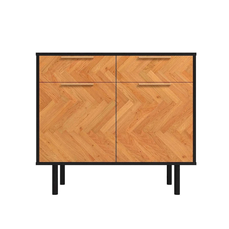 Mid-Century Modern Sideboard with 2 Drawers, Soft-Close Doors and Round Metal Legs