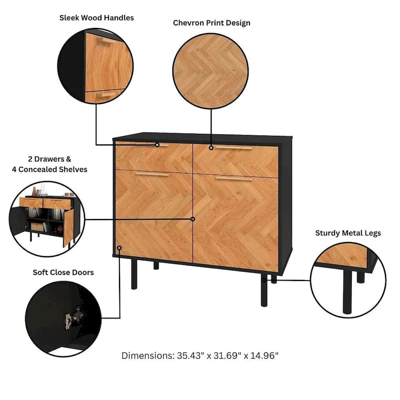 Mid-Century Modern Sideboard with 2 Drawers, Soft-Close Doors and Round Metal Legs