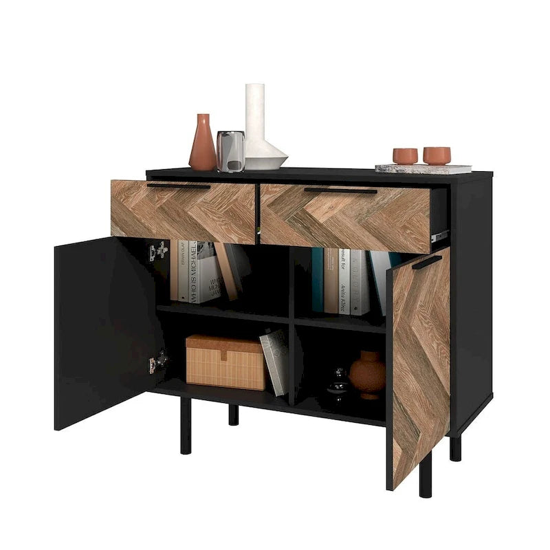 Mid-Century Modern Sideboard with 2 Drawers, Soft-Close Doors and Round Metal Legs