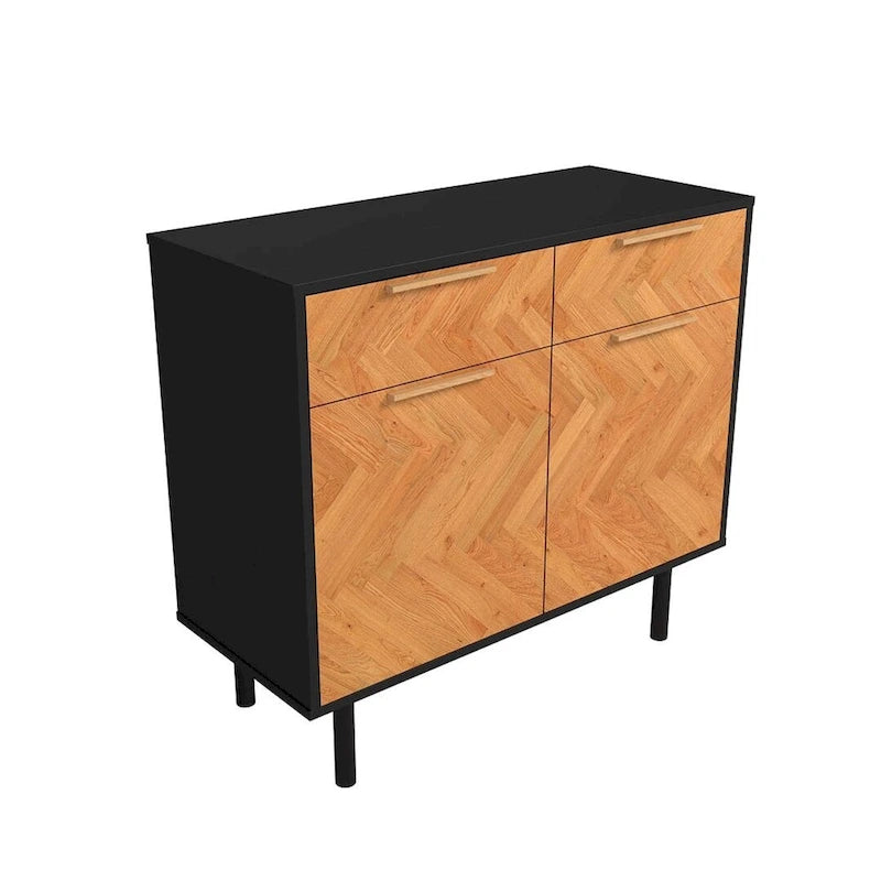 Mid-Century Modern Sideboard with 2 Drawers, Soft-Close Doors and Round Metal Legs