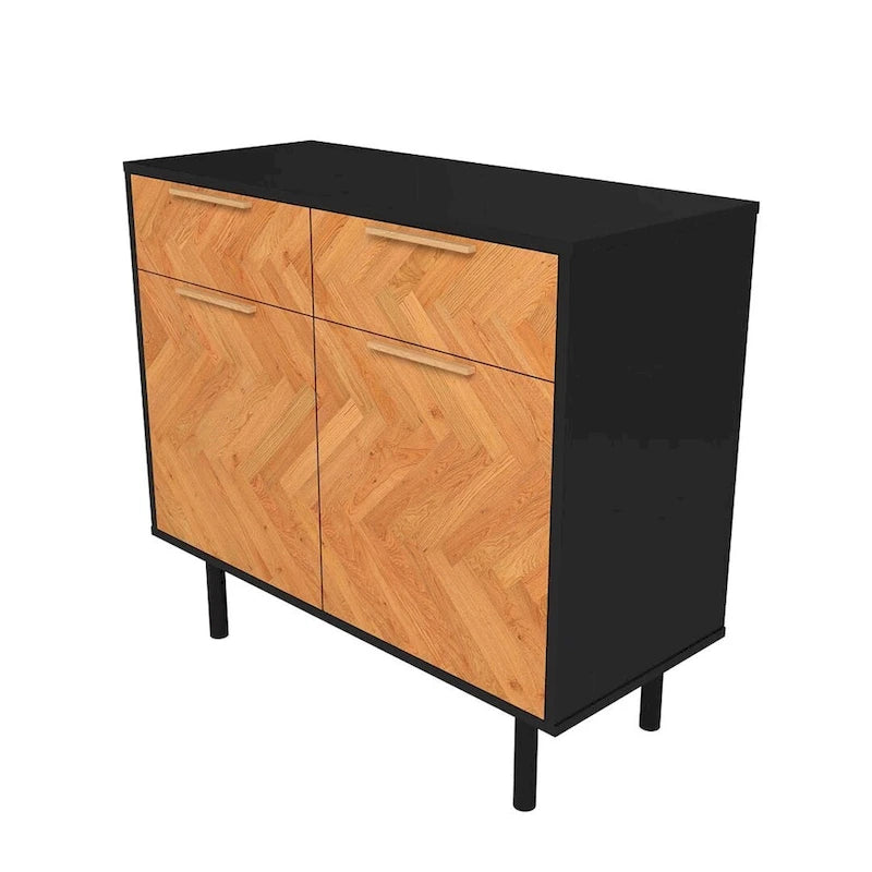 Mid-Century Modern Sideboard with 2 Drawers, Soft-Close Doors and Round Metal Legs