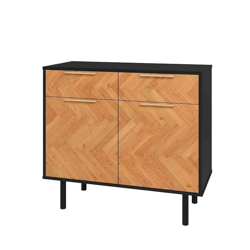 Mid-Century Modern Sideboard with 2 Drawers, Soft-Close Doors and Round Metal Legs