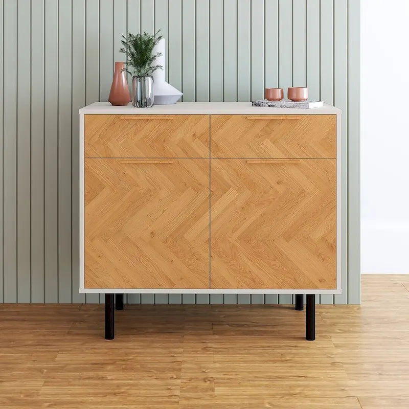 Mid-Century Modern Sideboard with 2 Drawers, Soft-Close Doors and Round Metal Legs