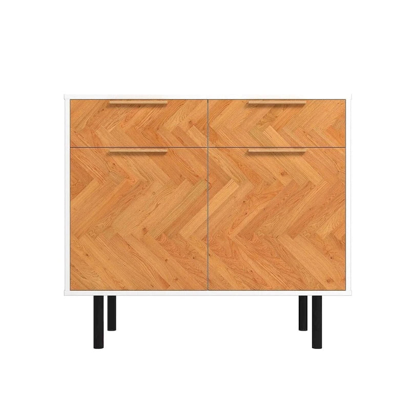 Mid-Century Modern Sideboard with 2 Drawers, Soft-Close Doors and Round Metal Legs