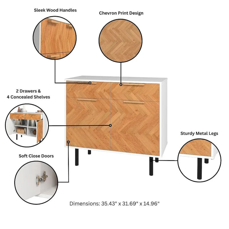 Mid-Century Modern Sideboard with 2 Drawers, Soft-Close Doors and Round Metal Legs
