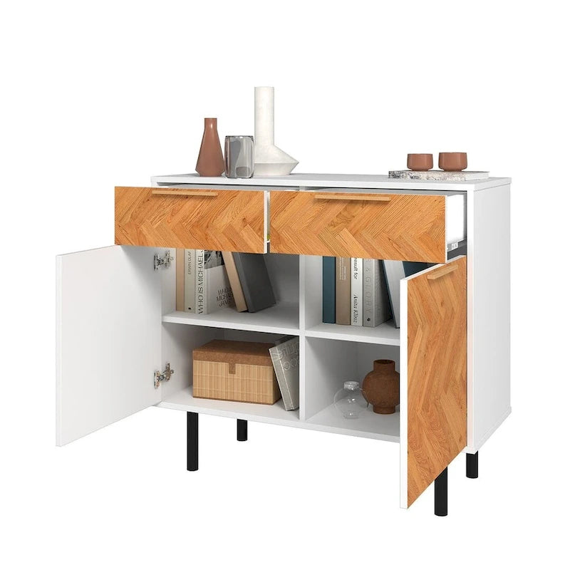 Mid-Century Modern Sideboard with 2 Drawers, Soft-Close Doors and Round Metal Legs