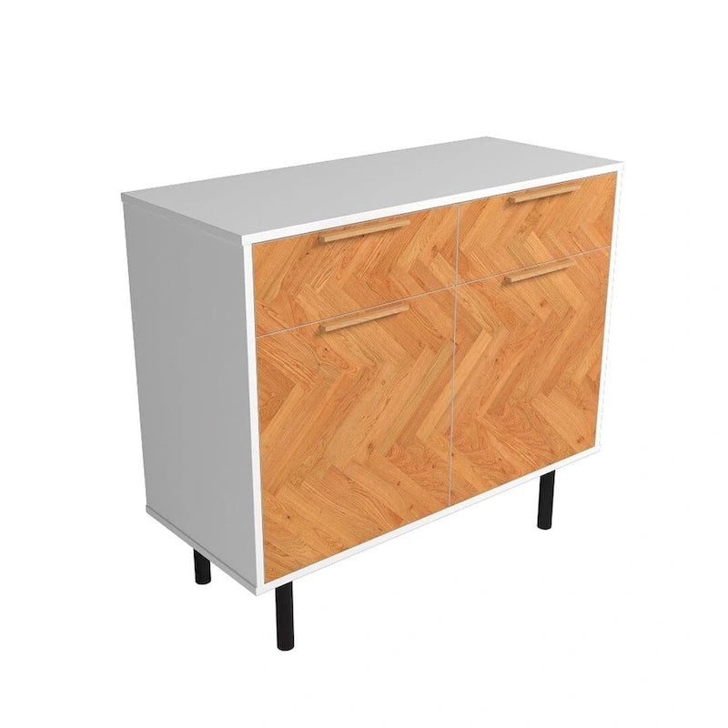 Mid-Century Modern Sideboard with 2 Drawers, Soft-Close Doors and Round Metal Legs