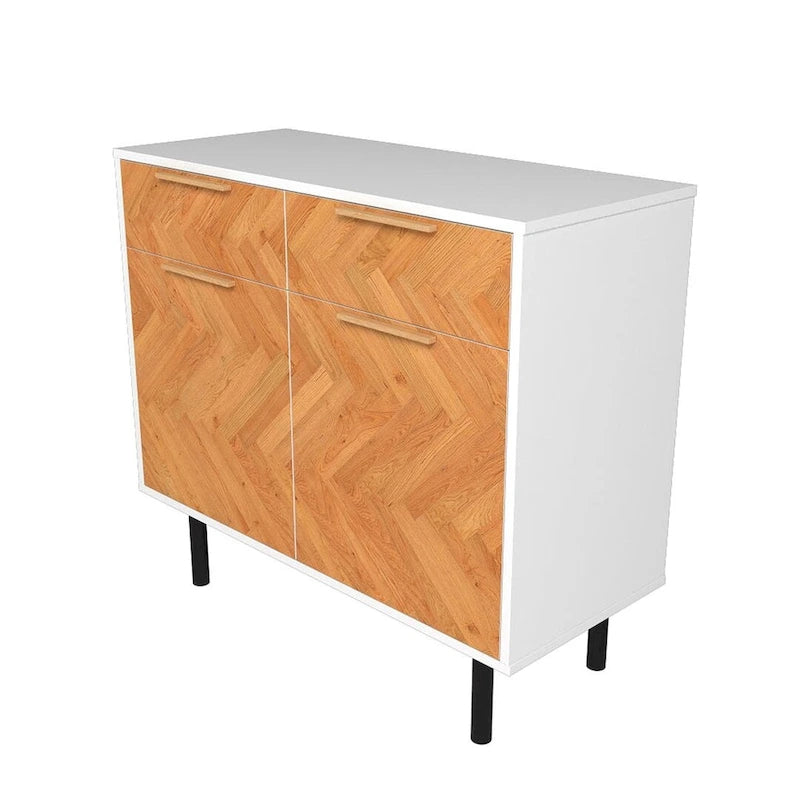 Mid-Century Modern Sideboard with 2 Drawers, Soft-Close Doors and Round Metal Legs