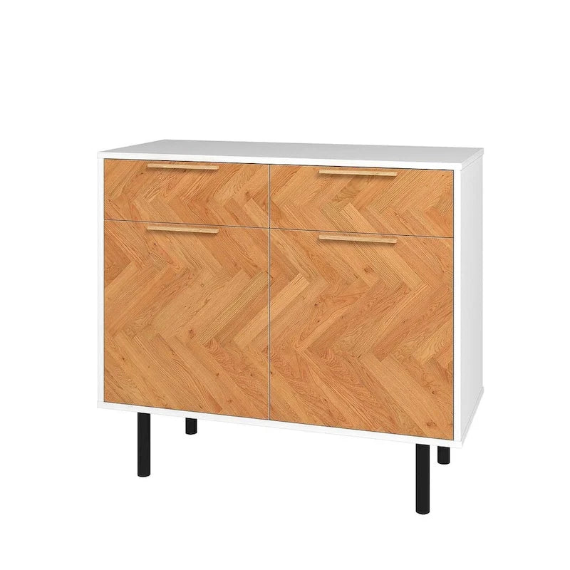 Mid-Century Modern Sideboard with 2 Drawers, Soft-Close Doors and Round Metal Legs