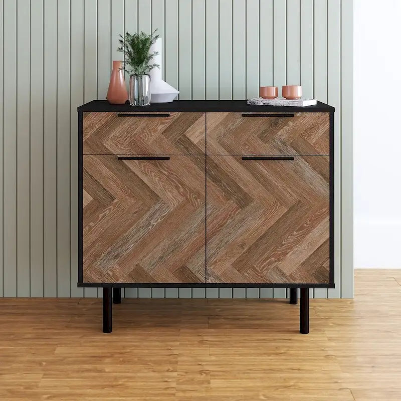Mid-Century Modern Sideboard with 2 Drawers, Soft-Close Doors and Round Metal Legs
