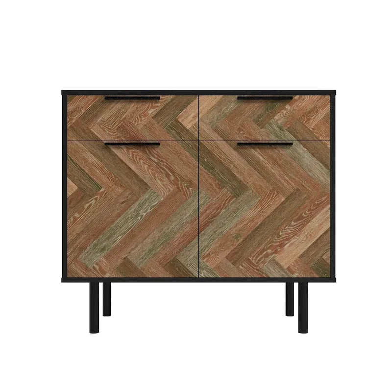Mid-Century Modern Sideboard with 2 Drawers, Soft-Close Doors and Round Metal Legs