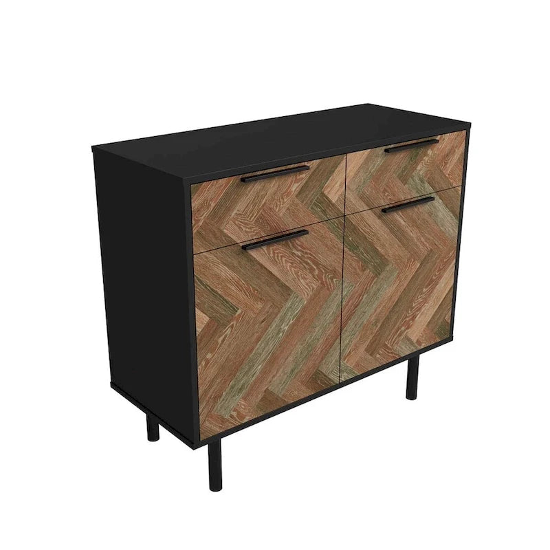 Mid-Century Modern Sideboard with 2 Drawers, Soft-Close Doors and Round Metal Legs