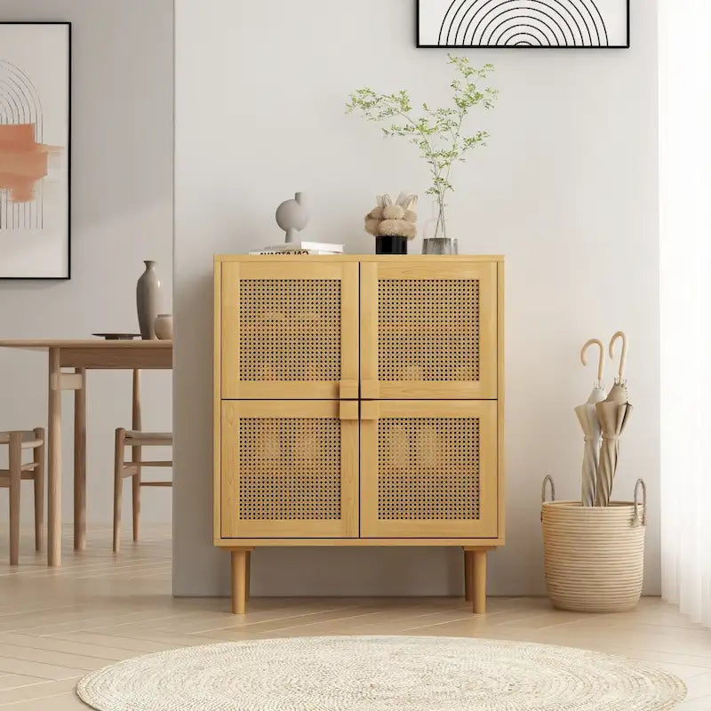 4-Door Rattan Mesh Shoe Cabinet with Solid Wood Legs